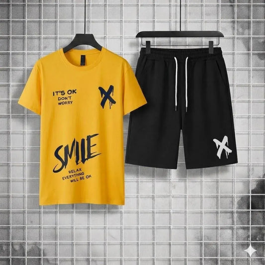 2 Pcs Men's Polyester Printed T-Shirt & Shorts Tracksuit