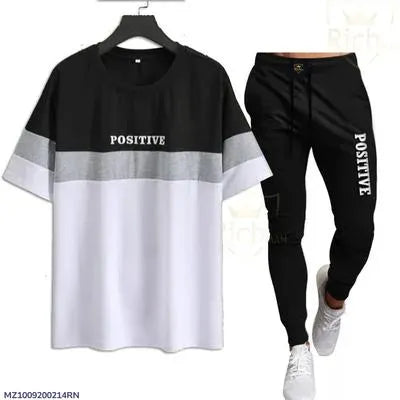 Men Black White Positive Print T-Shirt Trouser Set